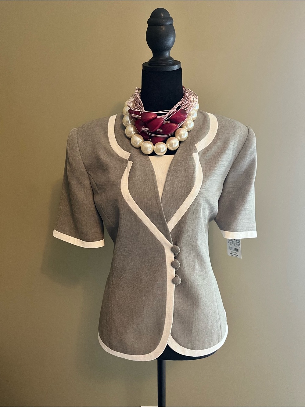Taupe Short-Sleeve Blazer with White Trim